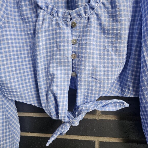 Zara Women's Blue & White Gingham Prairie Boho Cottage Crop Top Tie Front Size M - Picture 6 of 14